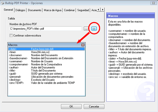 Configuración de parámetros del nombre de la impresora PDF Gratis BullZip PDF Printer